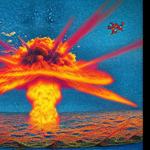 Image similar to nuclear bomb exploding in the ocean, extreme vivid colors, abstract realism, highly ornate intricate details, 1 9 2 0's colored pencil, 4 k, cinematic lighting,