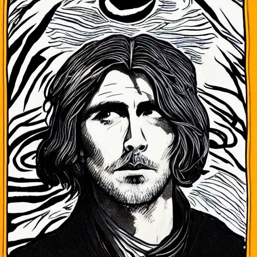 Image similar to pen and ink!!!! attractive 22 year old jedi George Harrison x Ryan Gosling golden!!!! Vagabond!!!! Dune floating magic swordsman!!!! glides through a beautiful!!!!!!! battlefield magic the gathering dramatic esoteric!!!!!! pen and ink!!!!! illustrated in high detail!!!!!!!! by Moebius and Hiroya Oku!!!!!!!!! graphic novel published on Cartoon Network MTG!!! 2049 award winning!!!! full body portrait!!!!! action exposition manga panel