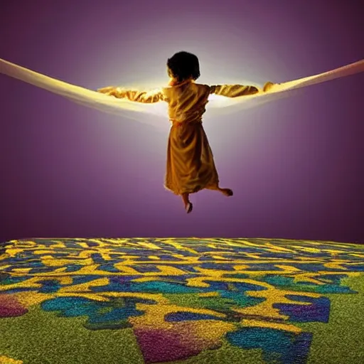 Image similar to a magic carpet flying in the air, very magical