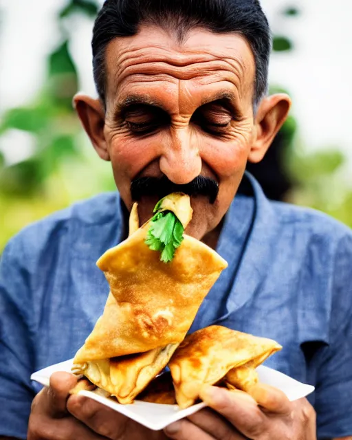 Prompt: a portrait of gandhi eating samosa whilst walking, highly detailed, trending on artstation, bokeh, 9 0 mm, f / 1. 4