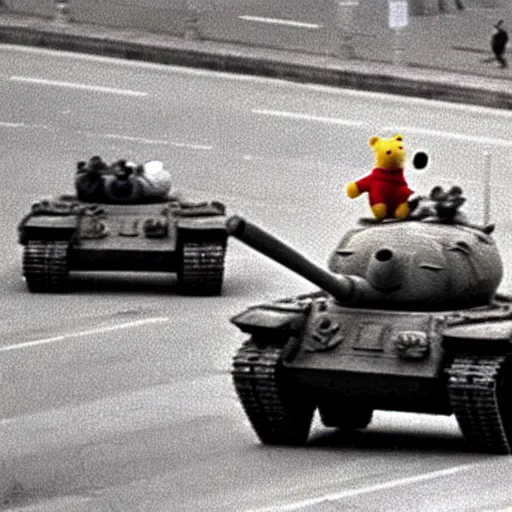 Prompt: grainy photo of winnie the pooh in tiananmen square massacre, tanks, masterpiece