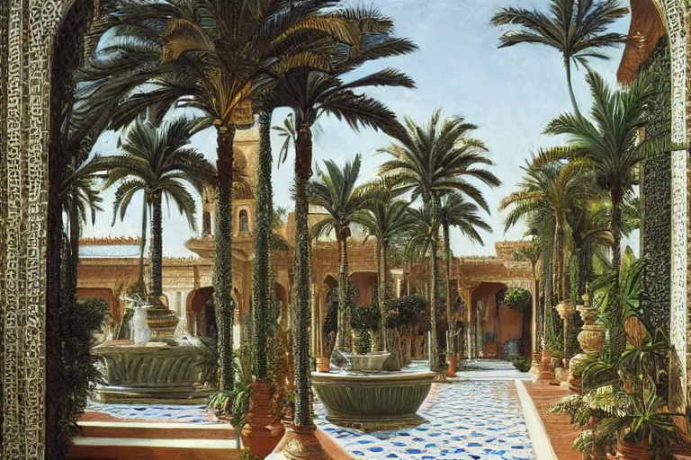 Prompt: painting of a beautiful moorish palace courtyard garden, by ludwig deutsch, patterned tilework, palm trees, tiled fountains, extremely detailed, cinematic lighting, smooth sharp focus