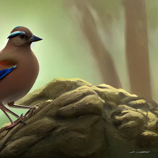 Image similar to brown spanish jay bird, garrulus glandarius, arrendajo in avila pinewood, 4 k, concept art, by wlop, ilya kuvshinov, artgerm, krenz cushart, greg rutkowski, pixiv. cinematic dramatic atmosphere, sharp focus, volumetric lighting, cinematic lighting, studio quality