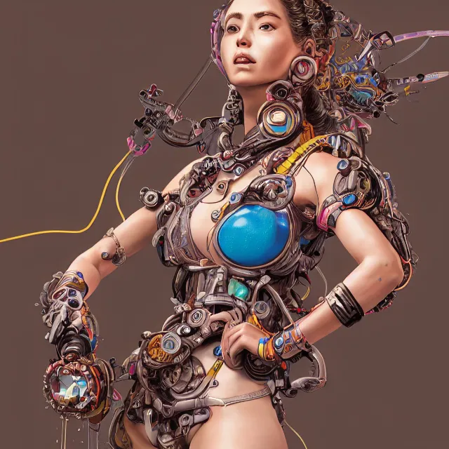 Image similar to the portrait of true neutral semi - colorful female cyborg mechanist as absurdly beautiful, gorgeous, elegant, young swimsuit model, an ultrafine hyperdetailed illustration by kim jung gi, irakli nadar, intricate linework, bright colors, octopath traveler, final fantasy, unreal engine 5 highly rendered, global illumination, radiant light, detailed and intricate environment