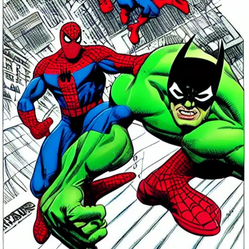 Prompt: the hulk wearing spiderman's suit and batman's mask