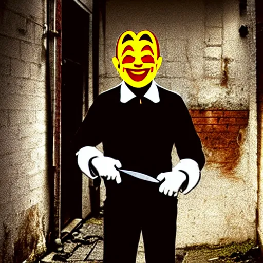 Prompt: Ronald mc donald holding a knife smiling in a back alley way, photo, realistic