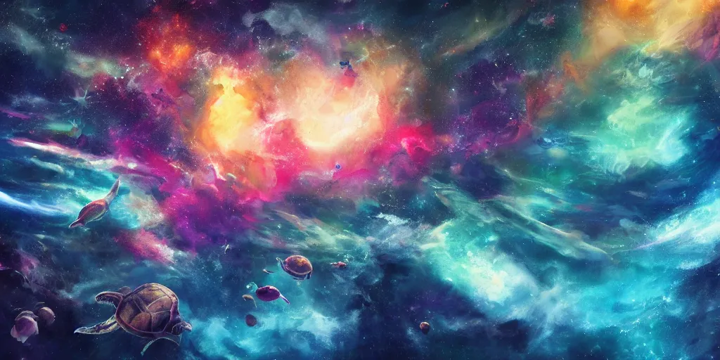 Image similar to painting of sea creatures swimming through space, sea turtles, sting rays whales, colorful nebulas, planets, 8 k resolution in the style of artem demura, jisu