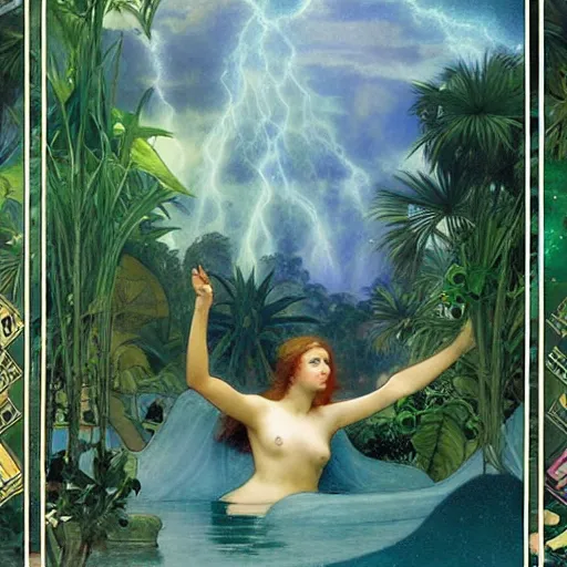 Image similar to The maze, refracted sparkles, thunderstorm, greek pool, beach and Tropical vegetation on the background major arcana sky, by paul delaroche, alphonse mucha and arnold böcklin, hyperrealistic symmetrical 8k, award-winning, very very very detailed