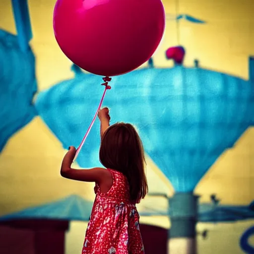 Image similar to a girl holding a balloon at a fairground. buildings with graffiti in the background. silhouette. photograph in the style of simon stalenhag