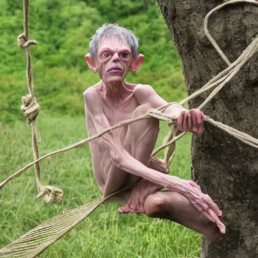 Prompt: Gollum sat on the twine, stretching