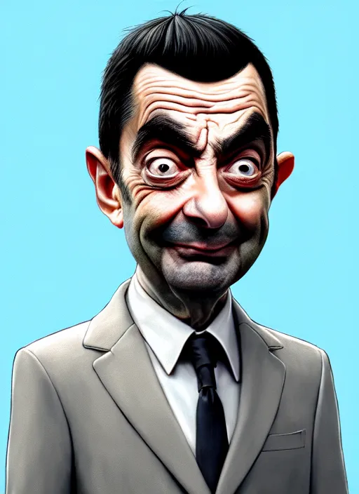 Image similar to highly detailed pencil sketch caricature portrait of silly mr bean gangster by ross tran, by greg rutkowski, brush strokes, 4 k resolution, light blue pastel background