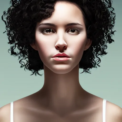 Image similar to portrait of a young lady with curly black hair with, round face, big brown eyes, volumetric lighting,