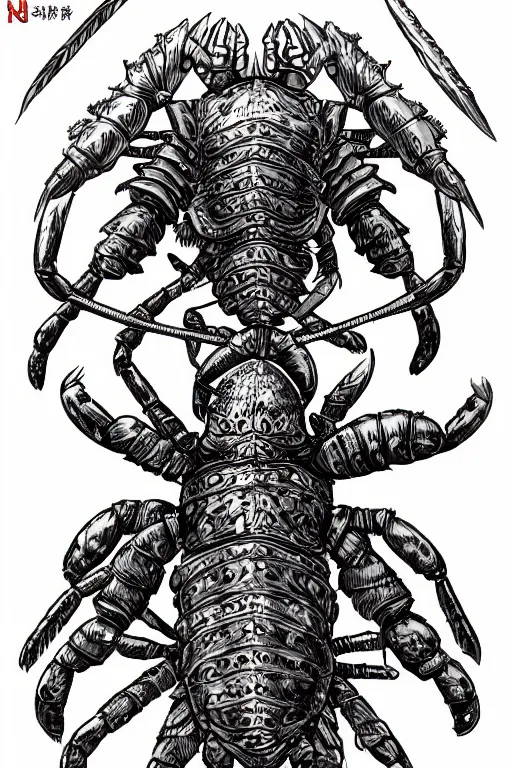 Prompt: human warrior, lobster themed armour, hermit crab, symmetrical, highly detailed, digital art, needles, sharp focus, trending on art station, kentaro miura manga art style