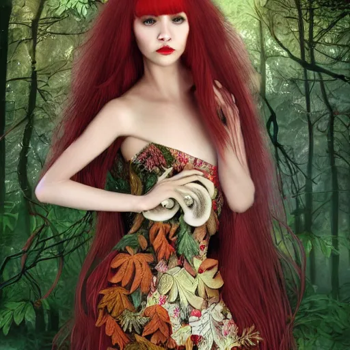 Prompt: Girl, long red hair, short bangs, in a beautiful skirt made of leaves with dewdrops on them, clothes, tiny mushrooms and forest on a dress, mushrooms decoration on the dress, on the background of a magickal forest, Designer clothes, vouge photo, fashion style, fullbody, in full growth, intricate, elegant, highly detailed, artstation, concept art, smooth, sharp focus, illustration, art by greg rutkowski and orientalism and bouguereau and Zdzislaw Beksinski, good clear quality, lighting, biology, symmetrical artwork, perfect face, 135 mm, cinematic, hyper realism, high detail, octane render, 8k, chrome accents