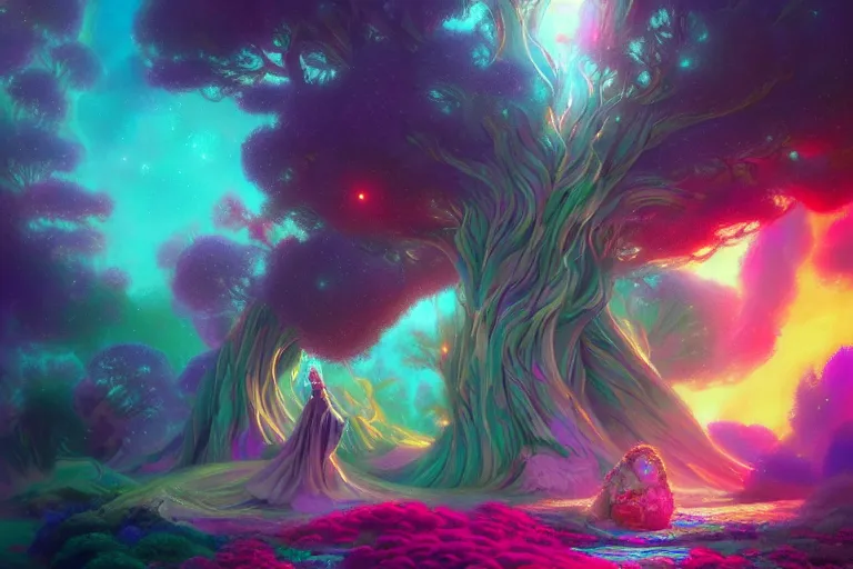 Image similar to a psychedelic realm made entirely out of love and acceptance | astral beings sharing love!!!! | in the style of greg rutkowski! | and wlop | and lisa frank! | and bob ross!!! | and ruan jia | illustration | epic | fantasy | hyper detailed | smooth | unreal engine | sharp focus | ray tracing