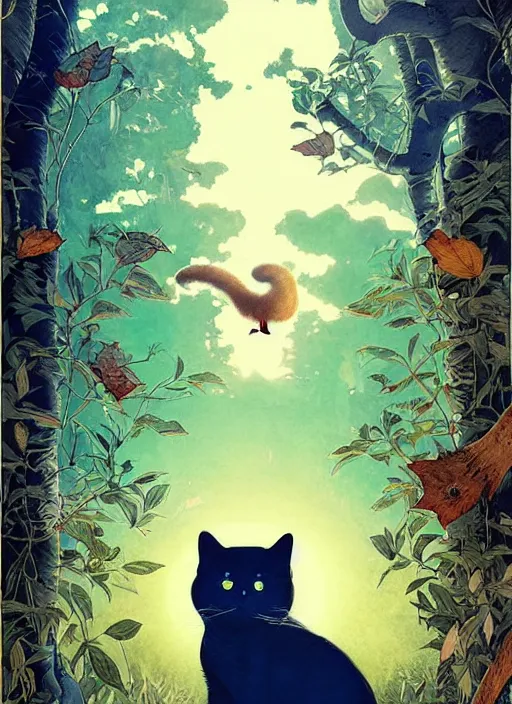 Image similar to a hyper realistic ink cat and the meaning of life and sunbeams blue sky, lush forest poster art by chiara bautista and kim jung giu and norman rockwell and greg rutkowski weta studio, and lucasfilm