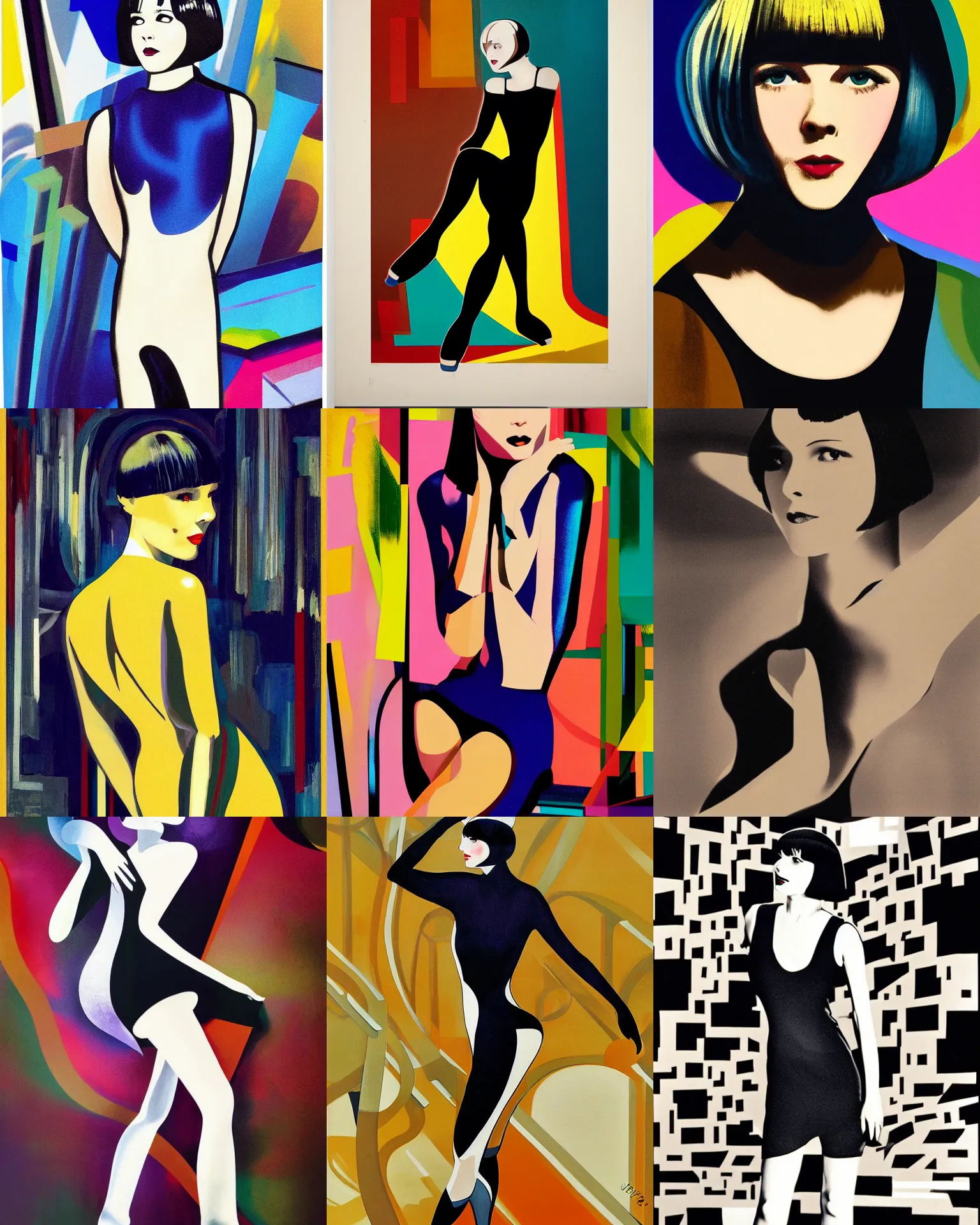 Image similar to full length portrait of 2 0 year old mary louise brooks roller skating, shiny bob haircut, dramatic light, abstract art deco city background, screen print, high contrast, sharp,, painted by ross tran 1 9 2 0 s