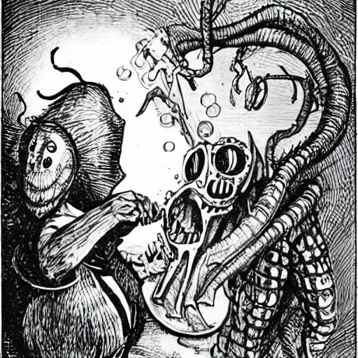 Prompt: one, two! one, two! and through and through the vorpal blade went snicker - snack! he left it dead, and with its head he went galumphing back | by lewis carroll and hp lovecraft with doctor seuss and hr giger