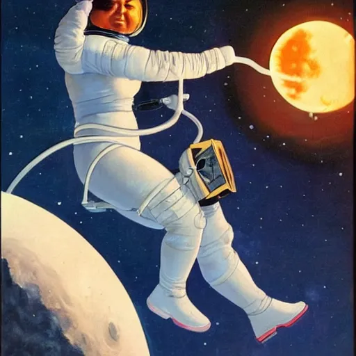 Image similar to curvy female astronaut at the space academy, painting by frank frazetta