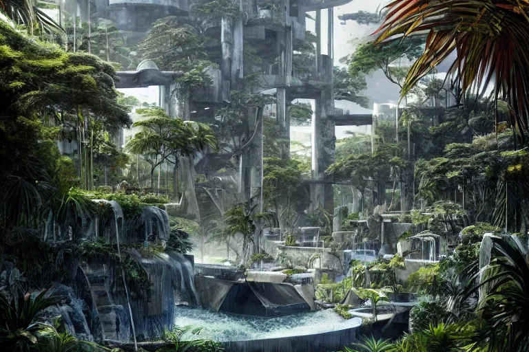 Image similar to brutalist futuristic white Aztec structures, manicured garden of eden, pools and streams, tropical foliage, birds, sculpture gardens, Winter, by Jessica Rossier and Brian Froud