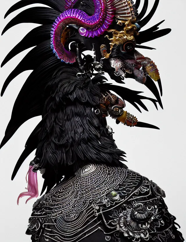 Image similar to 3 d coherent goddess close - up profile portrait punk with mohawk with ram skull. beautiful intricately detailed japanese crow kitsune mask and clasical japanese kimono. betta fish, jellyfish phoenix, bio luminescent, plasma, ice, water, wind, creature, artwork by tooth wu and wlop and beeple and greg rutkowski