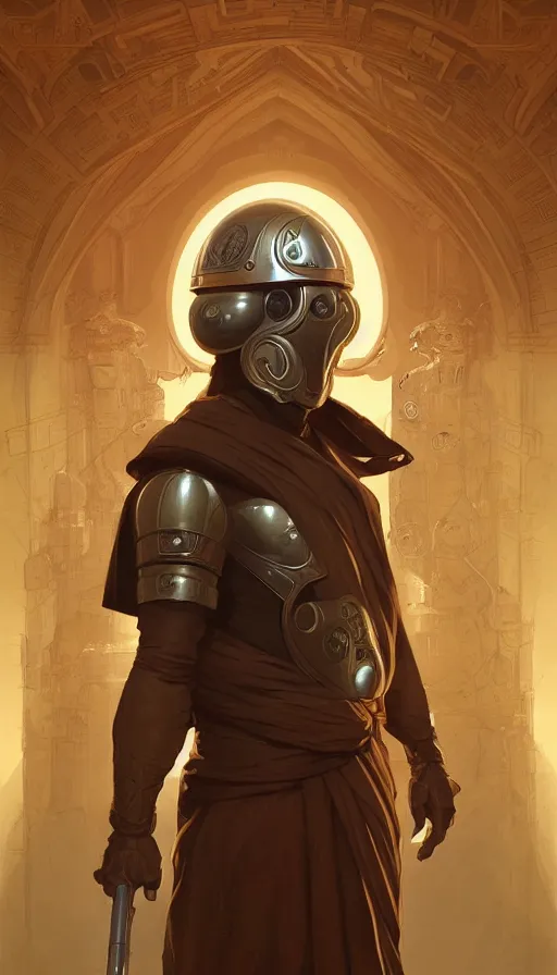 Image similar to full body Character design of a scifi religious monk with helmet, symmetrical, center punched, Archviz, elegant, intricate, digital painting, artstation, concept art, smooth, sharp focus, illustration, art by artgerm and greg rutkowski and alphonse mucha