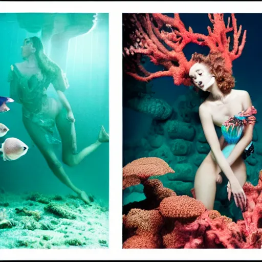 Prompt: medium format photograph of a surreal fashion shoot underwater with tropical fish and coral reefs and electricity