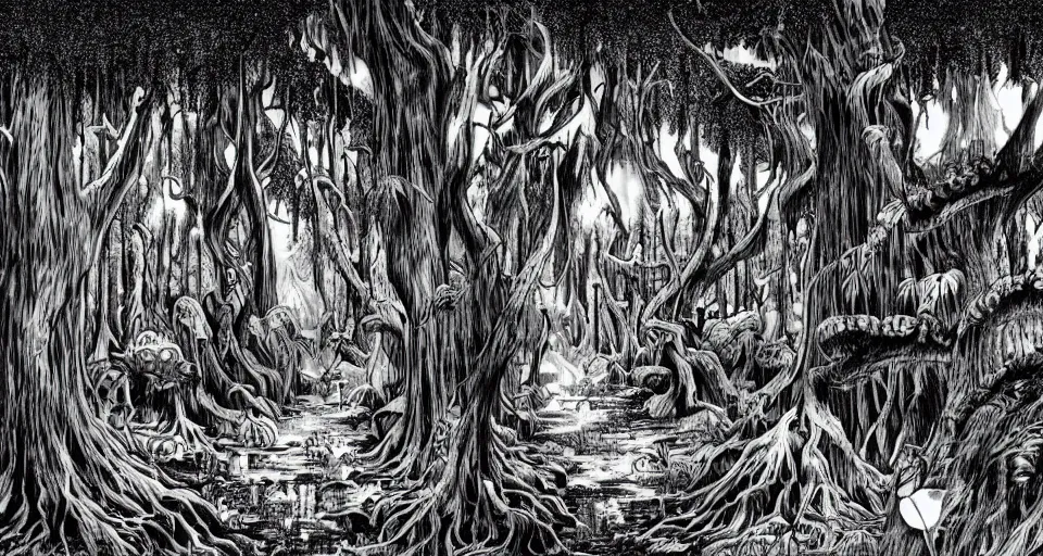 Image similar to A dense and dark enchanted forest with a swamp, by Eiichiro Oda