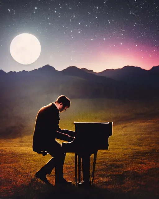 Image similar to handsome man playing a piano in the moonlight on a mountain, photorealistic, atmospheric 50mm lens