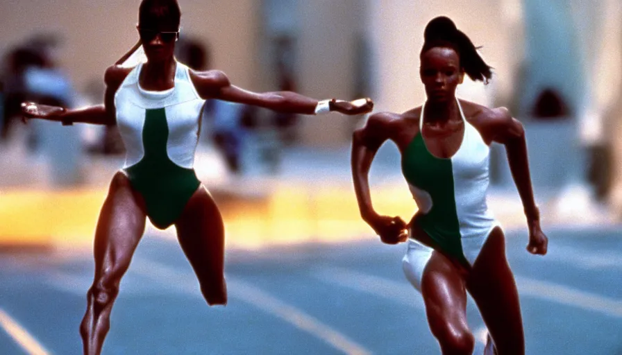 Prompt: The matrix, LeeLoo, Starship Troopers, Olivia Pope, 1960's Olympics footage, hurdlers in a race with robotic legs, intense moment, cinematic stillframe, backlit, The fifth element, vintage robotics, formula 1, starring Geena Davis, clean lighting