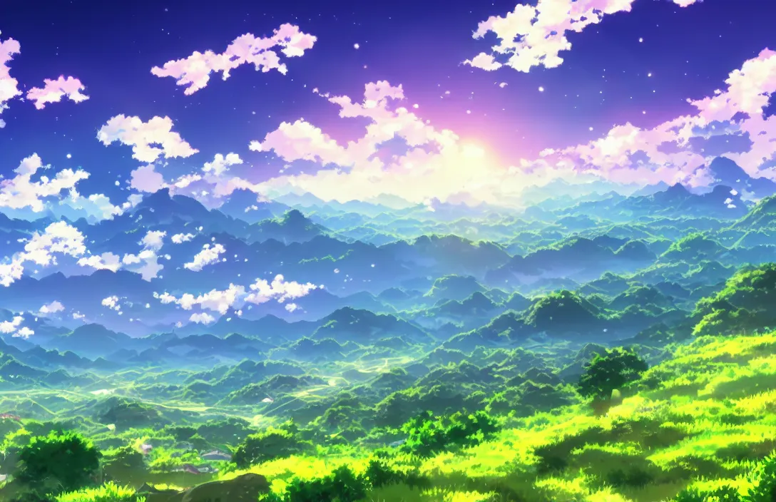 an Anime Background Photo of a Valley with green | Stable Diffusion