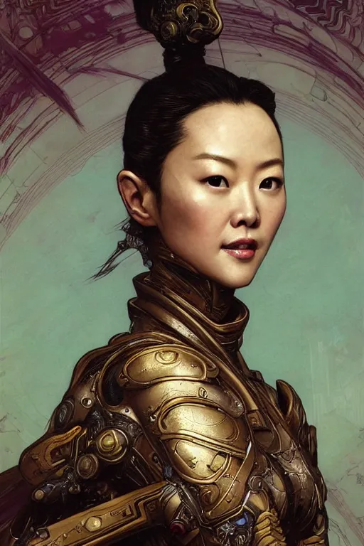 Image similar to head and shoulders portrait of zhang ziyi in armour, by eve ventrue, michael carson, andreas rochas, john watkiss, casey weldon, artgerm. art nouveau. tarot card by mucha. gloomhaven. swirly intricate linework background. gaudy colors, sharp edges. octane render