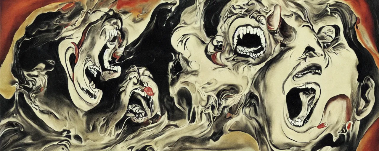 Image similar to portrait of a mad man screaming and melting in style of Yamato and Salvador Dali,