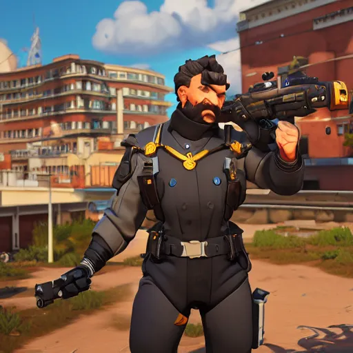 Prompt: joseph stalin is the newest overwatch character, kings row in the background, octane render, blender render, unreal engine, action shot, cinematic lighting, symmetrical