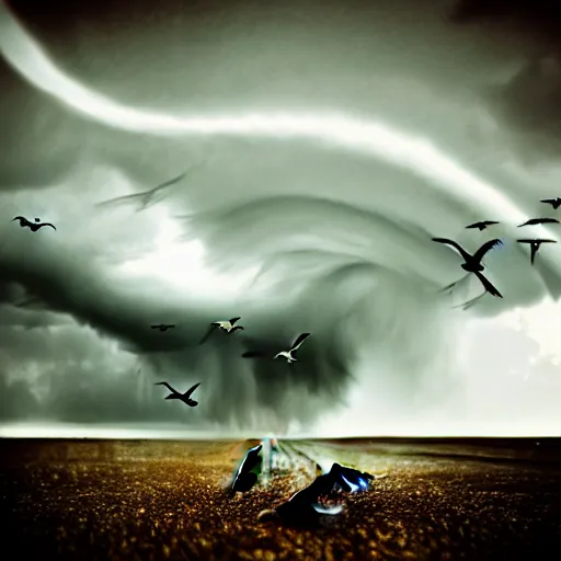 Image similar to a tornado!! made of seagulls, windy, cloudy, realistic reflections, cinematic lighting, fine details