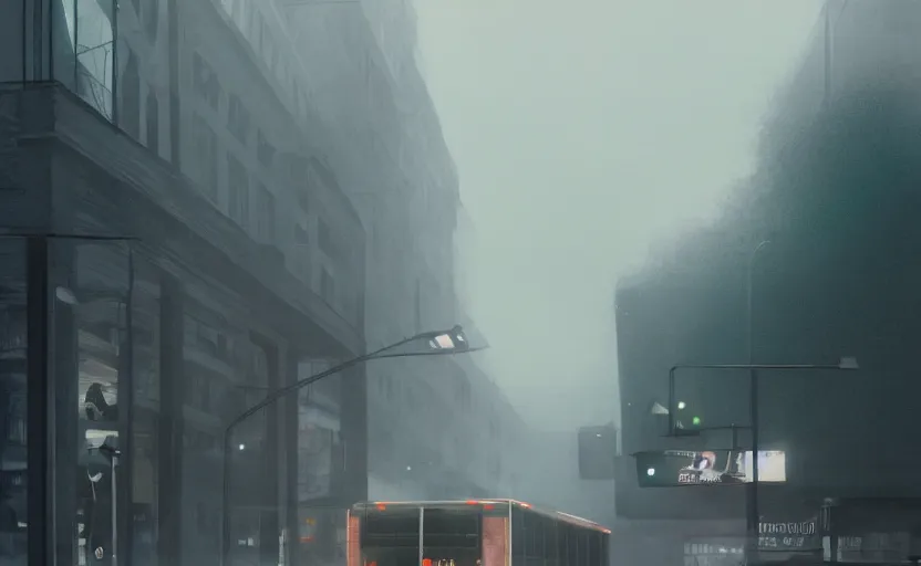 Image similar to exterior traveling greyhound bus circa 2 0 1 5, directed by charlie kaufman ( 2 0 0 1 ) anamorphic lenses, foggy volumetric light morning, cinematic trending on artstation in the style of greg rutkowski