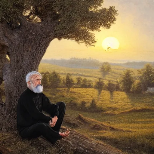 Prompt: A bearded old man wearing an all-black outfit sitting on a tree stump in a field at sunrise, oil on canvas, 8k, highly detailed and intricate,