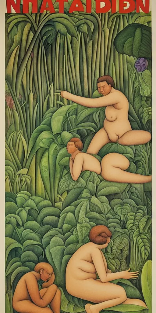 Image similar to 1980 naturist garden movie poster, drawings in part by Diego Rivera, part by Ernst Haekl, text by William S Boroughs, written by Michael Ende