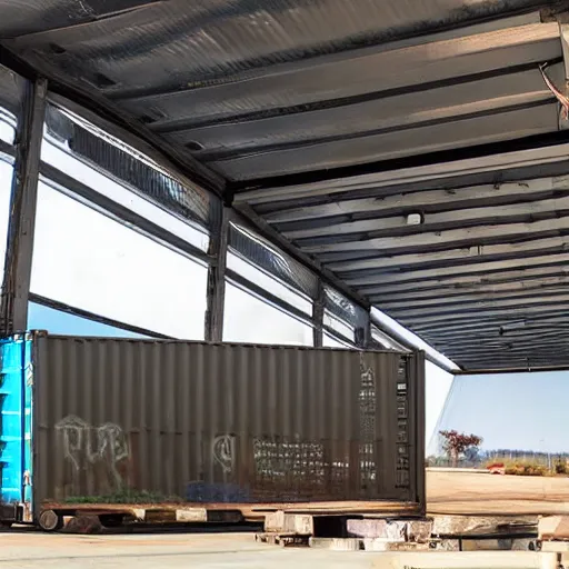 Prompt: photograph of a shipping container tyrannosaurus rex in a freight yard