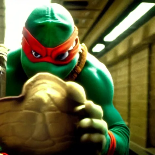 Image similar to film still of michelangelo ( tmnt ) failing his drivers test