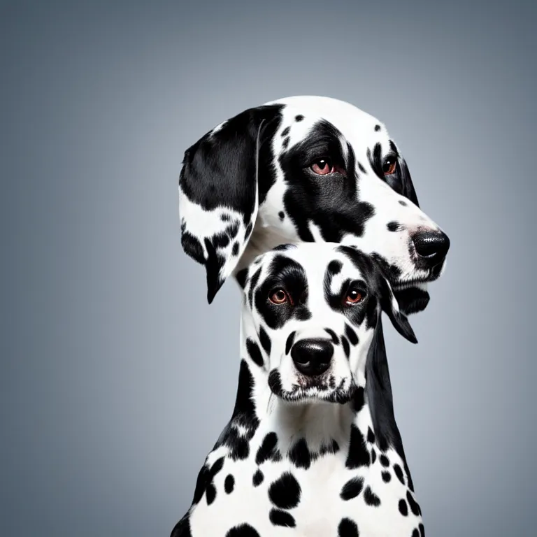 Image similar to vogue photoshoot octane render of dalmatian dog with white background, focus bright, very short depth of field, bokeh