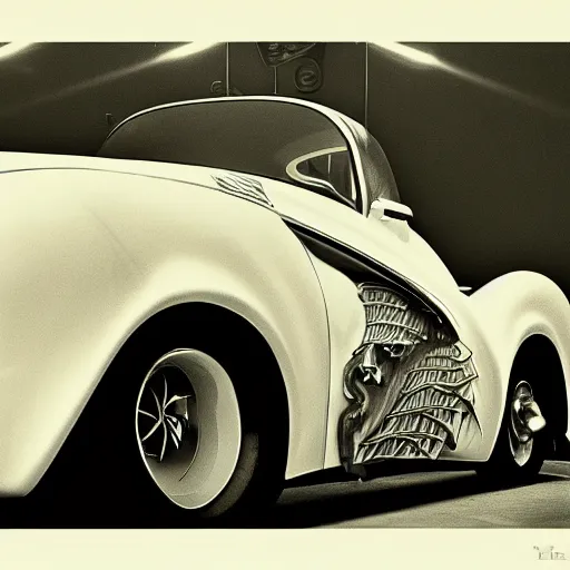 Image similar to an oldie car with wings and turbine, cyber punk, black-white retro photo