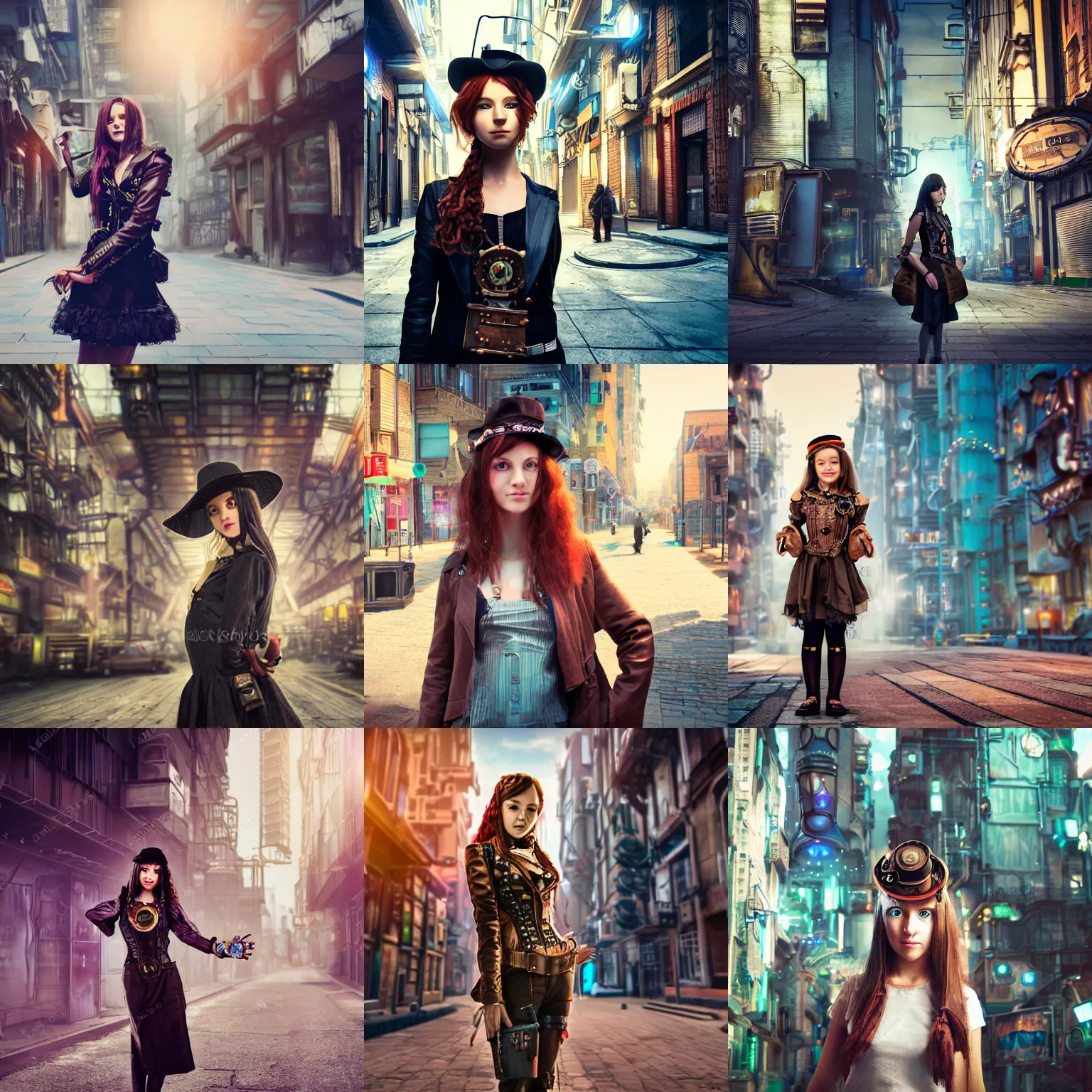 Prompt: photoreal portrait of curious steampunk girl standing in cyberpunk city street looking at camera.