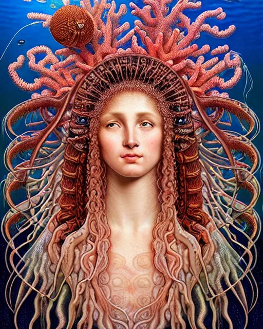 Image similar to hyperrealistic detailed underwater face portrait of the beautiful goddess of the jellyfish with an intricate headgear of corals, sea kelp, sea plants, fish, starfish, jellyfish, art by ernst haeckel, john william godward, android jones, alphonso mocha, gothic - cyberpunk, ornamental, beautiful deep colours,