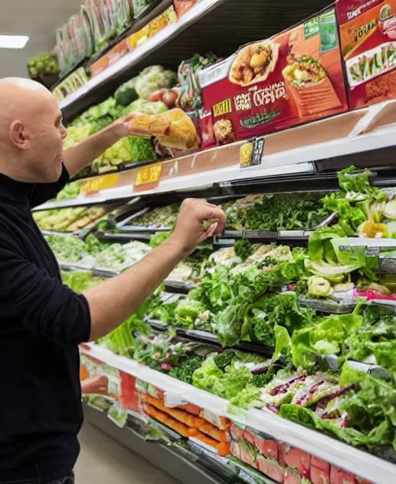 Image similar to a bald man gestures to a display of'suddenly salad'boxes at the end cap inside a supermarket