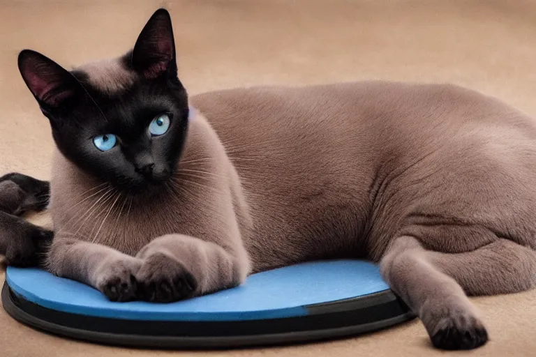 Image similar to beautiful Siamese cats sits on a Korg Kaoss Pad, Siamese cat with blue eyes stares into the camera, beautiful, Highly detailed, smoky, Cinematic. Balanced, 4k, balanced, Realistic, detailed.