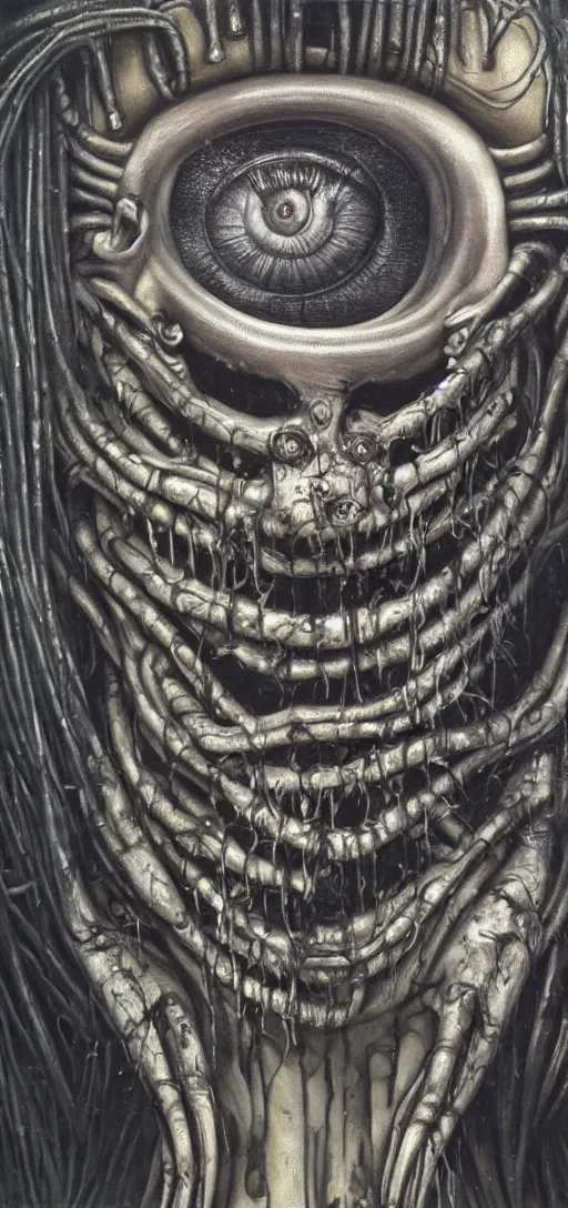 Prompt: a hyperrealistic hr giger painting of a minion staring at the viewer, creepy, horror, dark
