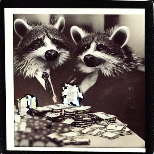 Image similar to ! polaroid photo of gangster raccoons in smokings, smooking cigar, playing poker, dollars on table