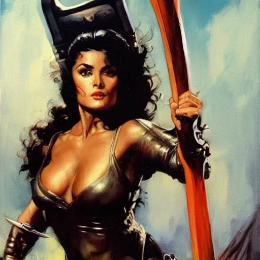 Image similar to a frank frazetta oil painting of selina gomez as a beautiful muscular salma hayek wearing black armor holding a large battle axe, dynamic shot, hd 4 k, intricate, highly detailed, atmospheric, sharp