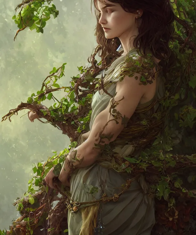 Image similar to a woman druid wearing leaf and vine themed clothing, fully clothed, pet animal, D&D, fantasy, intricate, cinematic lighting, highly detailed, digital painting, artstation, concept art, smooth, sharp focus, illustration, art by Artgerm and Greg Rutkowski and Alphonse Mucha